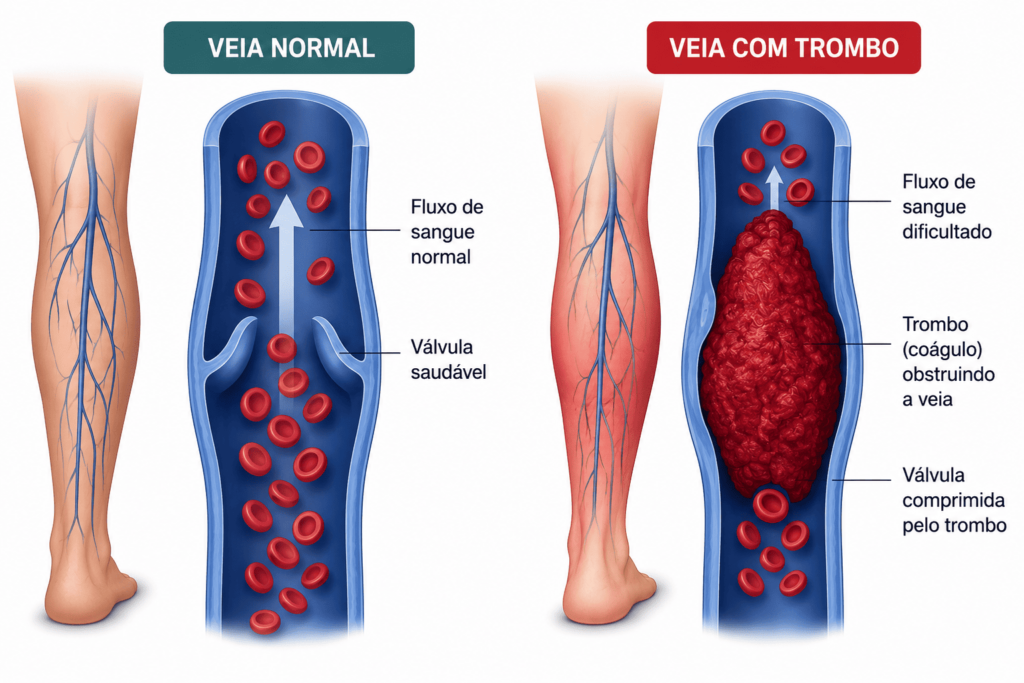 Representação de uma trombose venosa causada por coágulo dentro da veia.